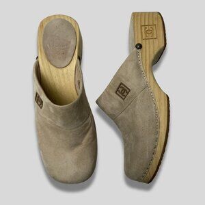 CHANEL Beige Suede Wooden Platform Clogs Size 37